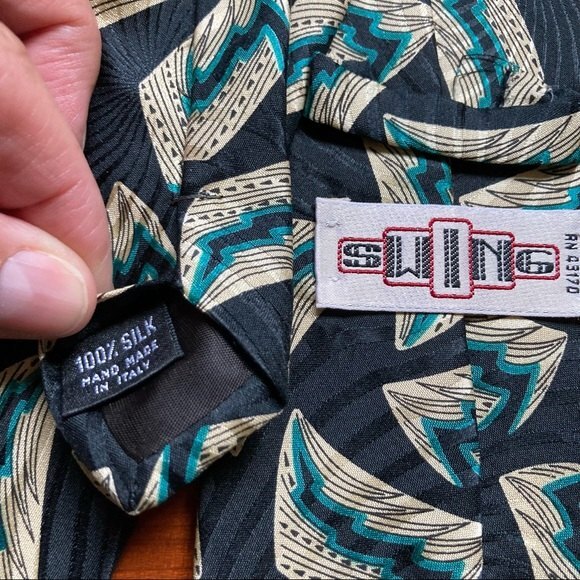 SWING Silk Vintage Bold Geometric Tie Black teal Beige 57 x 4 inches - Picture 8 of 8